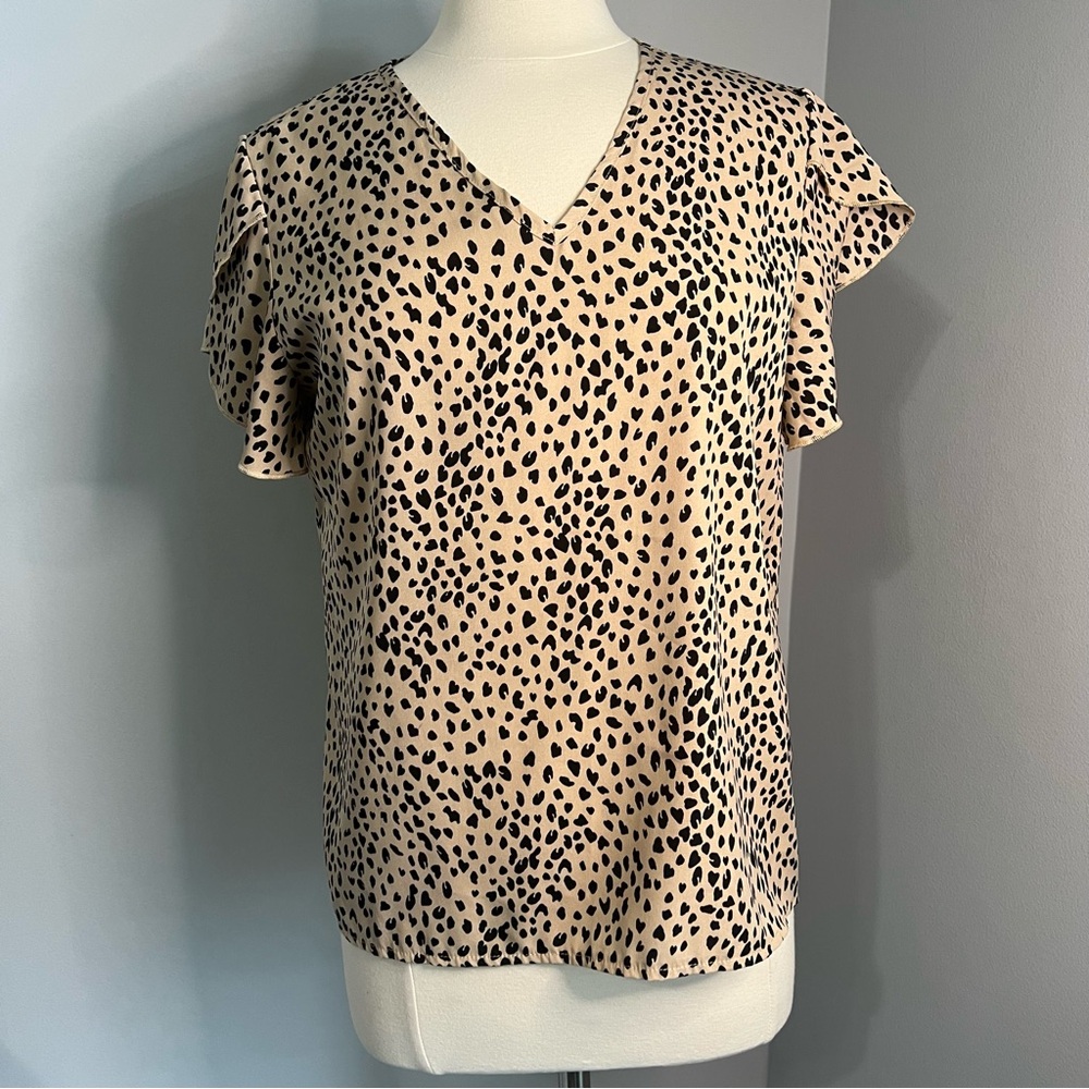 Shein L Tan Black Leopard Print Tulip Short Sleeve V-Neck Blouse